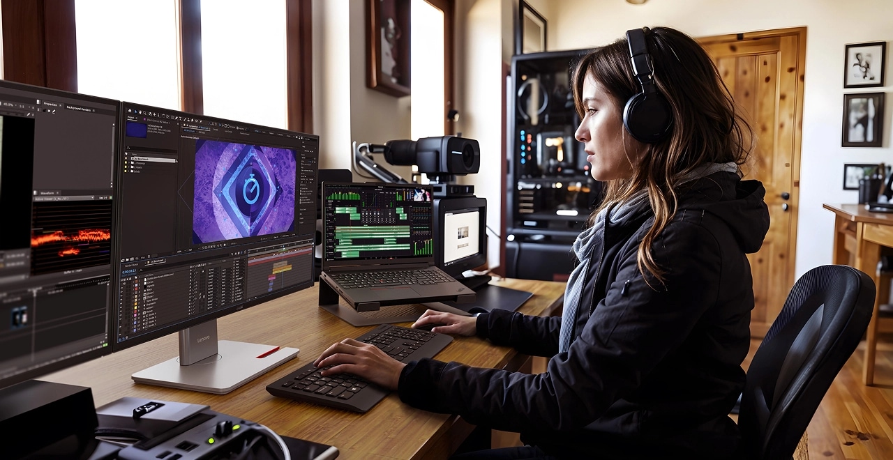 Multi-display video editing and content creation workflow demonstrating professional performance on ThinkPad P Series mobile workstations.