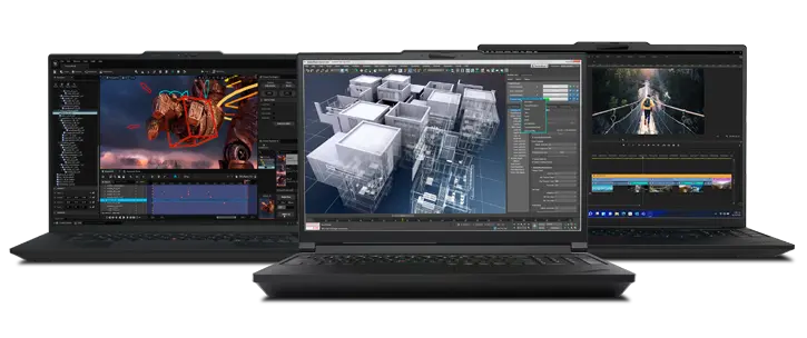 Professional applications for rendering, 3D modeling, video editing & simulation displayed across ThinkPad P Series mobile workstations.