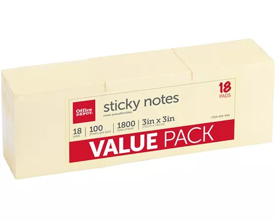 Office Depot Brand Sticky Notes Value Pack, 3in x 3in, Yellow, 100 Sheets Per Pad, Pack Of 18 Pads