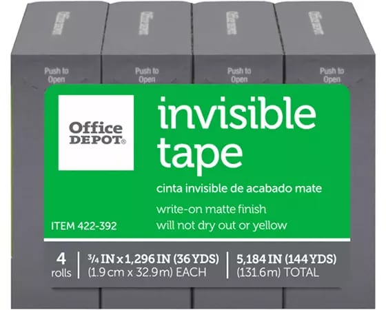 Office Depot Brand Invisible Tape, 3/4in x 1296in, Clear, Pack of 4 rolls
