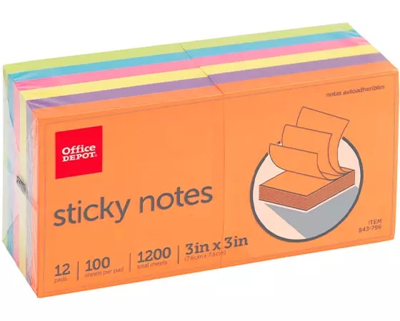 Office Depot Brand Sticky Notes, 3in x 3in, Assorted Vivid Colors, 100 Sheets Per Pad, Pack Of 12 Pads