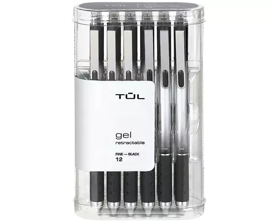 

TUL Retractable Gel Pens, Fine Point, 0.5 mm, Silver Barrel, Black Ink, Pack Of 12 Pens