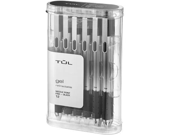 

TUL Retractable Gel Pens, Needle Point, 0.5 mm, Silver Barrel, Black Ink, Pack Of 12 Pens