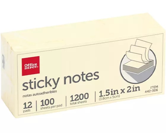 Office Depot Brand Sticky Notes, 1-1/2in x 2in, Yellow, 100 Sheets Per Pad, Pack Of 12 Pads