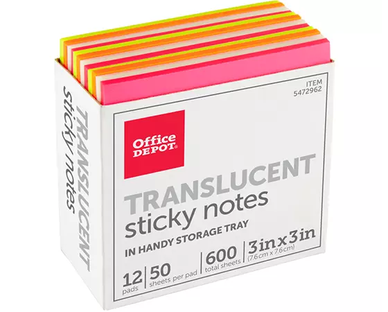 Office Depot Brand Translucent Sticky Notes, With Storage Tray, 3in x 3in,  Assorted Colors, 50 Notes Per Pad, Pack Of 12 Pads | 78148965 | Lenovo US