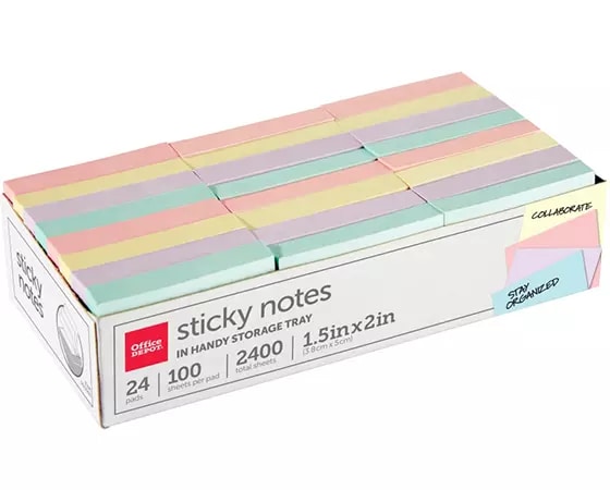 Office Depot® Brand Translucent Sticky Notes 50 Notes Per Pad Assorted Colors 3 x 3 Pack of 12 Pads with Storage Tray 
