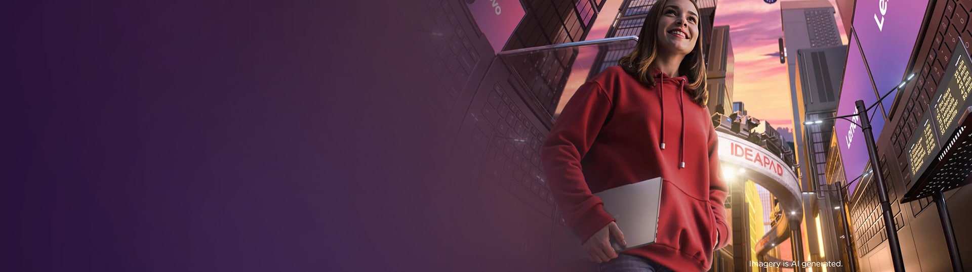 A young woman carries an IdeaPad laptop in a cityscape composed partly of laptop keyboards and adorned with Lenovo logos; a drone hovers above.