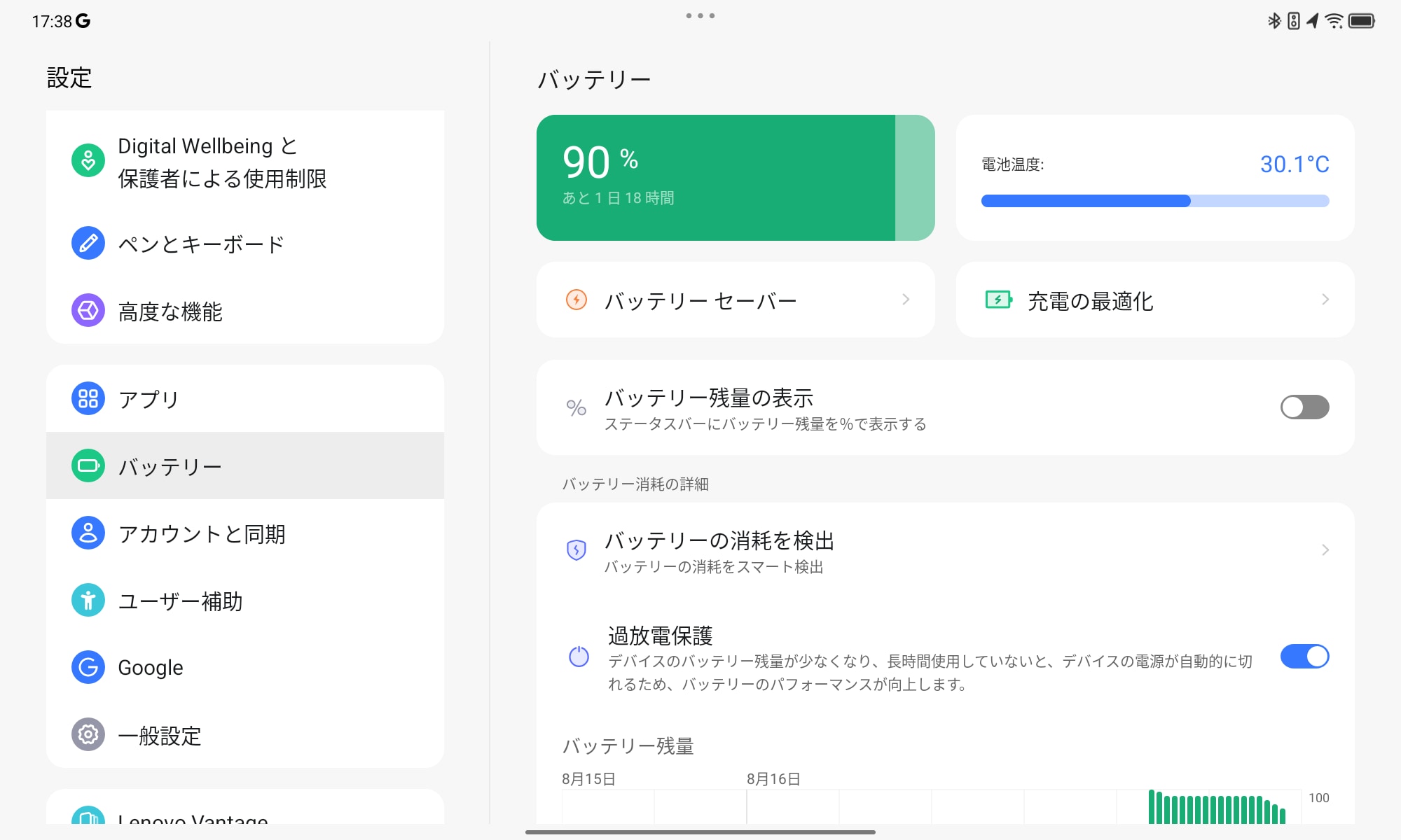 「設定」アプリの「バッテリー」では、消費電力を抑える設定や、温度の情報など状態や使用状況などがわかる