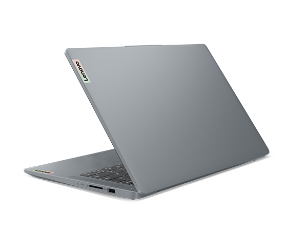 Rear, right side view of the Lenovo IdeaPad Slim 3i Gen 9 14 inch laptop in Abyss Blue with lid opened at an acute angle with visible right side ports & Lenovo logo on top cover.