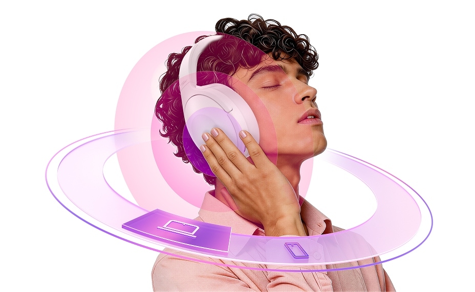 A man wearing white over-ear headphones, surrounded by glowing pink-purple rings with laptop and phone icons.