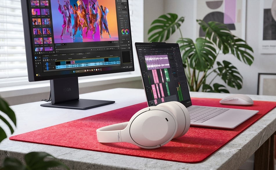 White over-ear headphones placed on a desk with video editing monitor and laptop.