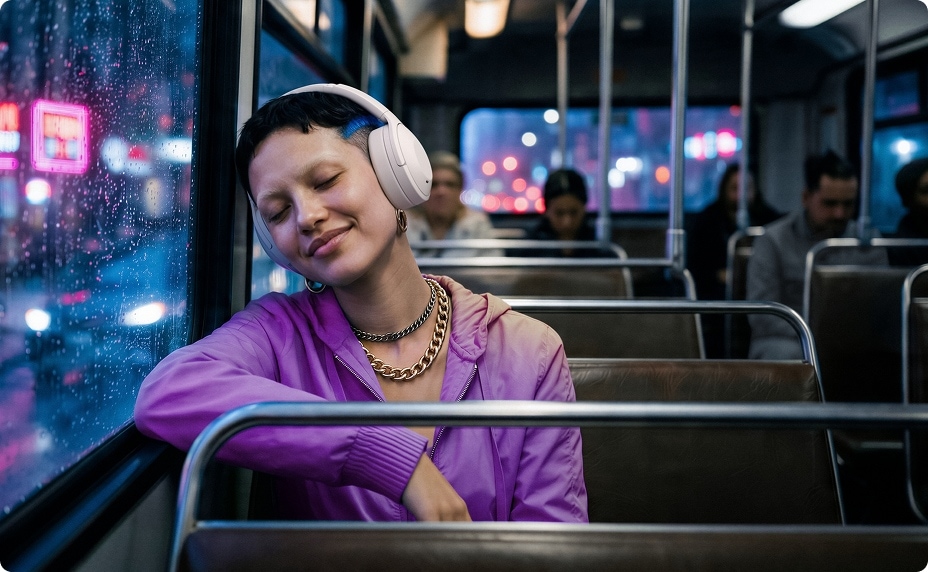 A woman wearing white over-ear headphones and a purple jacket smiles with closed eyes on a night bus.