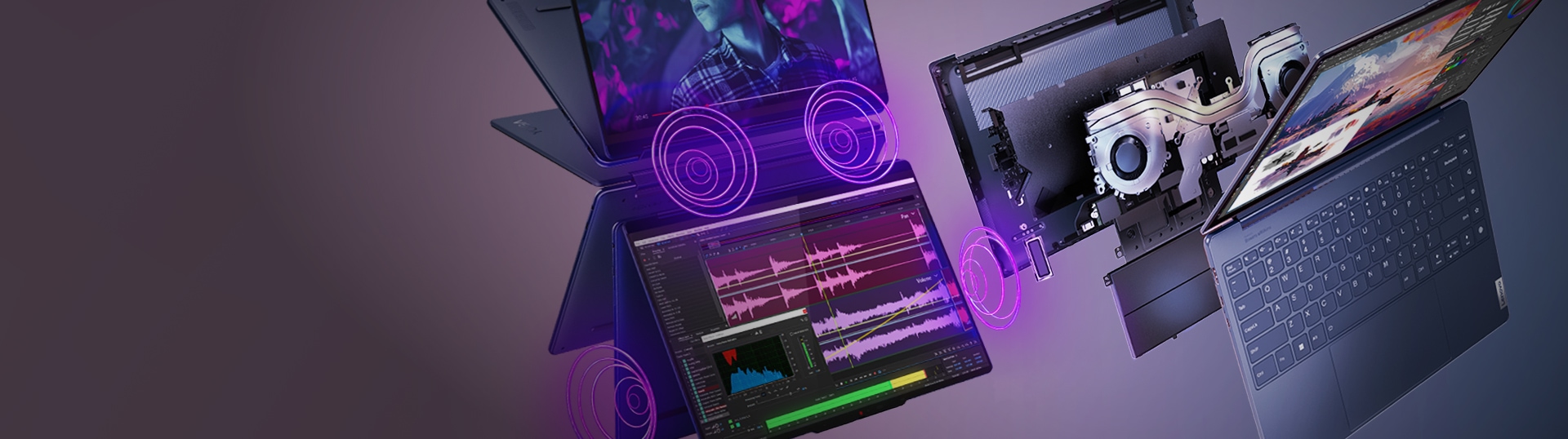 Una portátil lenovo yoga configurable, en un fondo de color oscuro.