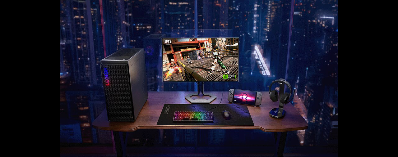 A lifestyle photo showcases a complete desktop PC gaming setup placed on a table while the Legion Pro32UD-10 monitor is positioned at the center, displaying an ultra-clear gaming scene.