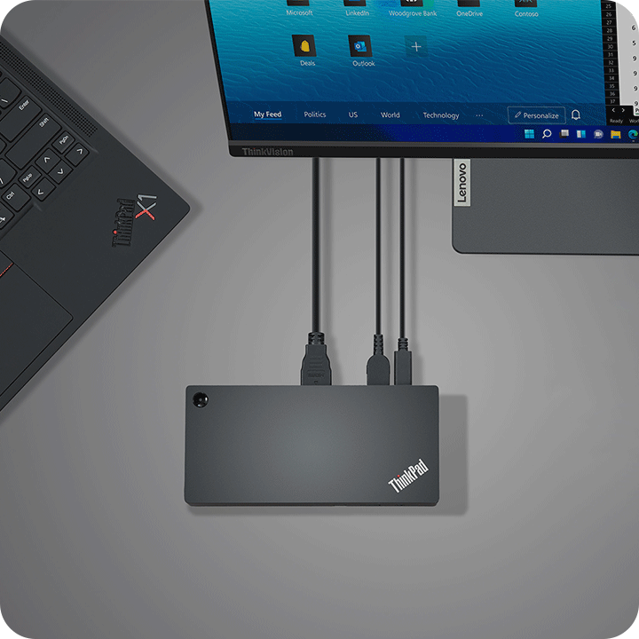 Top view of a ThinkPad dock which connects with ThinkPad X1 laptop and one monitor. 