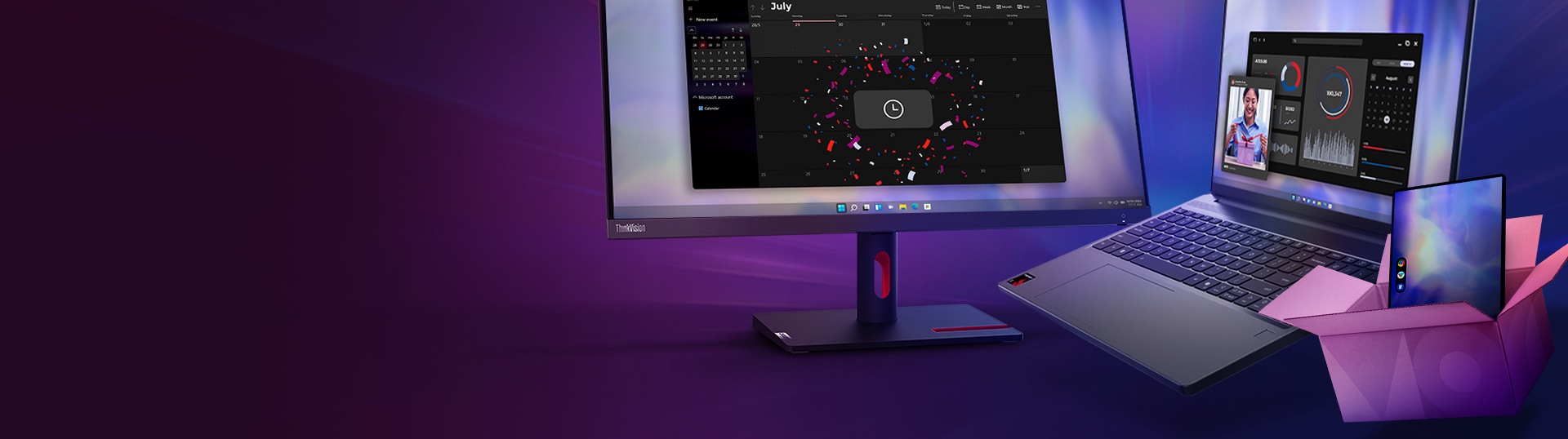 un monitor Lenovo Thinkvision visto de frente, una laptop Lenovo vista lateral y una Tablet Lenovo dentro de un paquete de regalo rosa