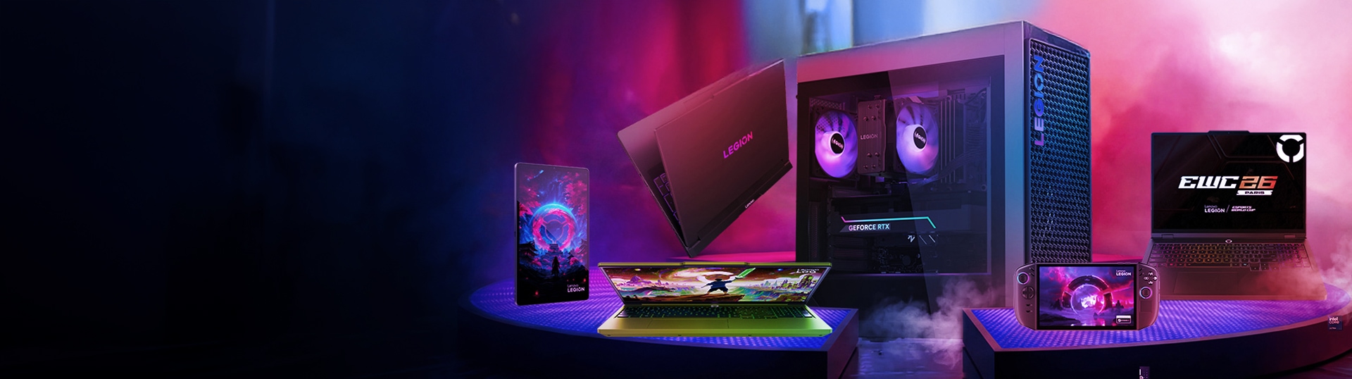 una LOQ Surge Green, una tablet vista de frente, una torre de PC, Une legion go, y dos notebooks Legion en un ambiente gamer y tonos violetas con logo EWC