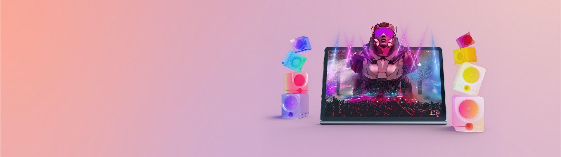 Lenovo Tab Plus con altavoces vibrantes y un personaje animado estilizado en pantalla.
