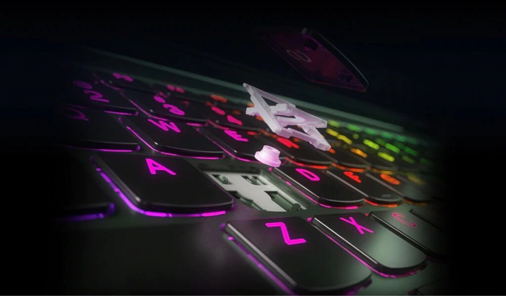 Up close view of Lenovo keyboard and track button with colorful backlighting