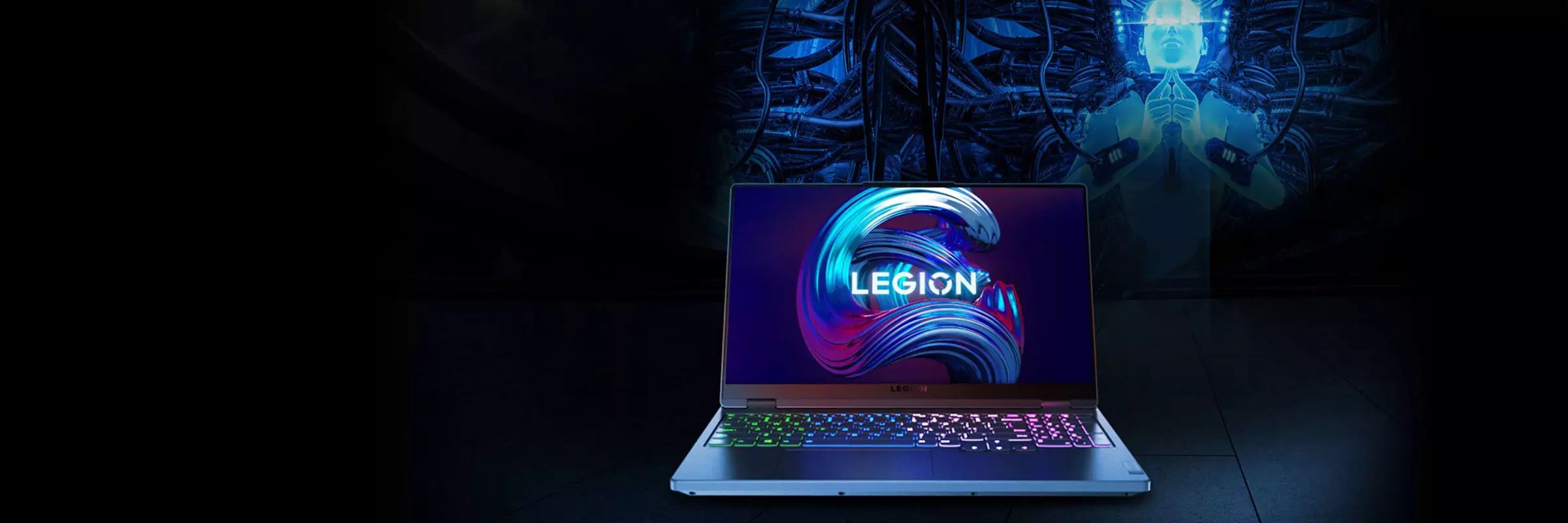 Front view of Legion laptop open 90 degrees, showing display screen and keyboard.