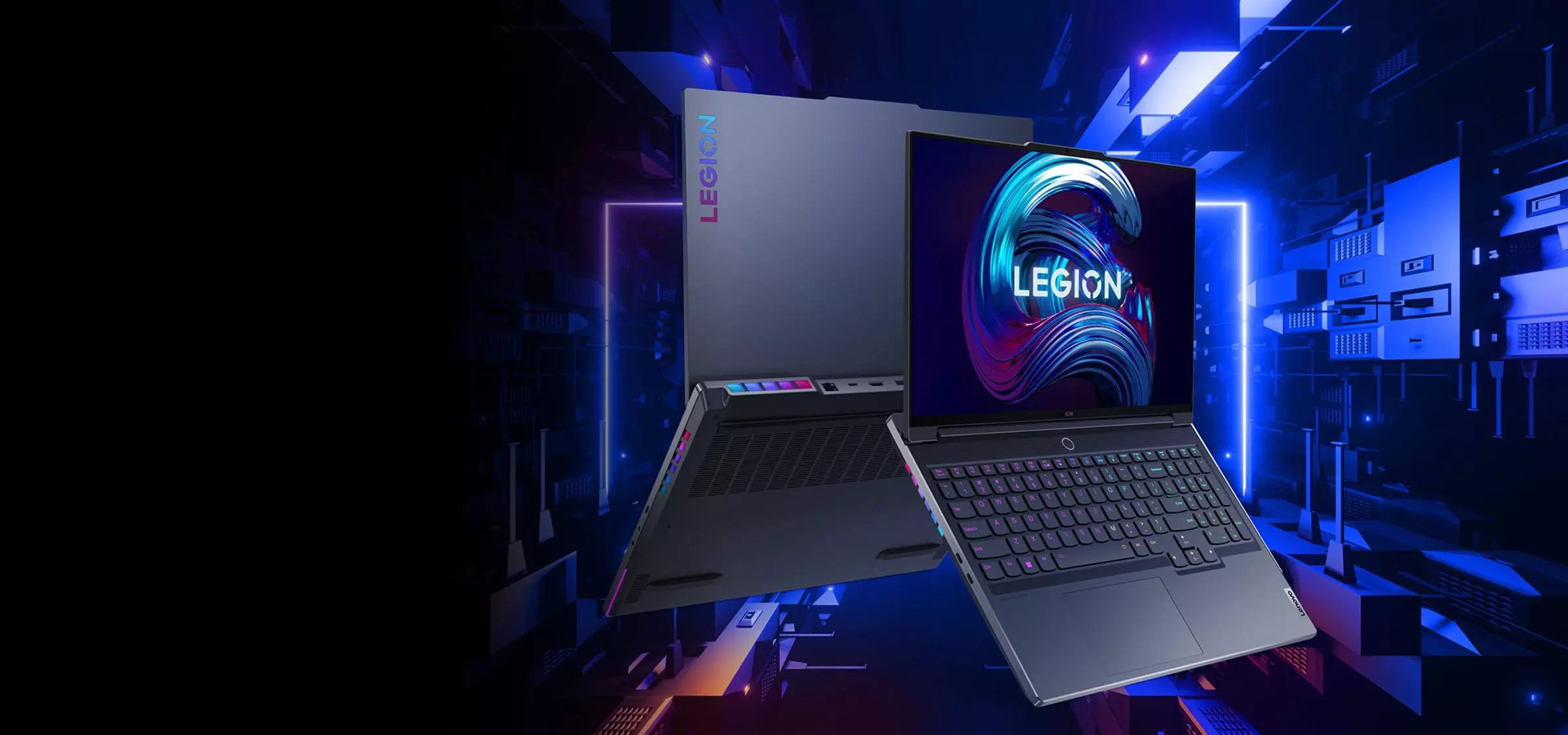 Front view of Lenovo Legion 7 laptop open 135 degrees, tilted forward off its base showing keyboard, display screen and angled to show left side ports and mirrored view of back side.
