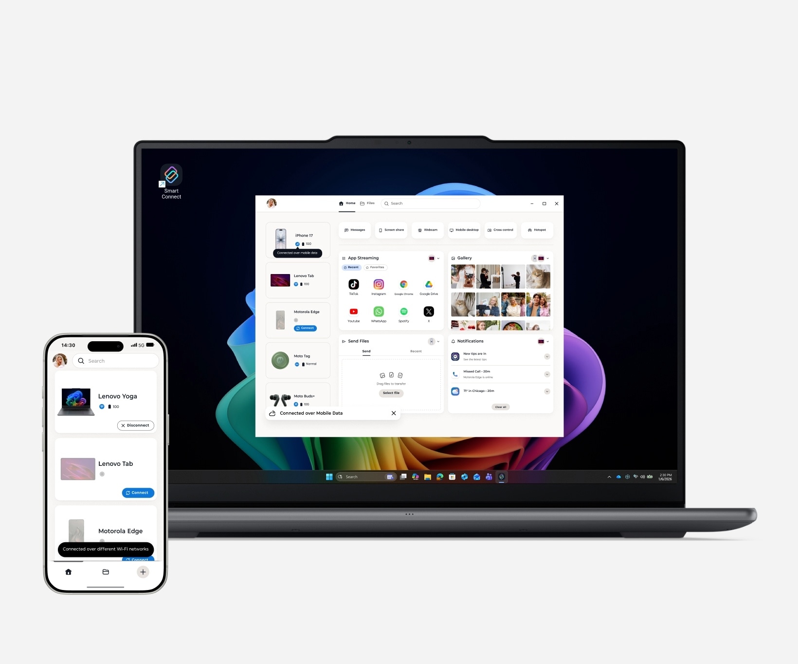 A Lenovo Yoga laptop connects to Smart Connect through WiFi while an iPhone connects using mobile data.