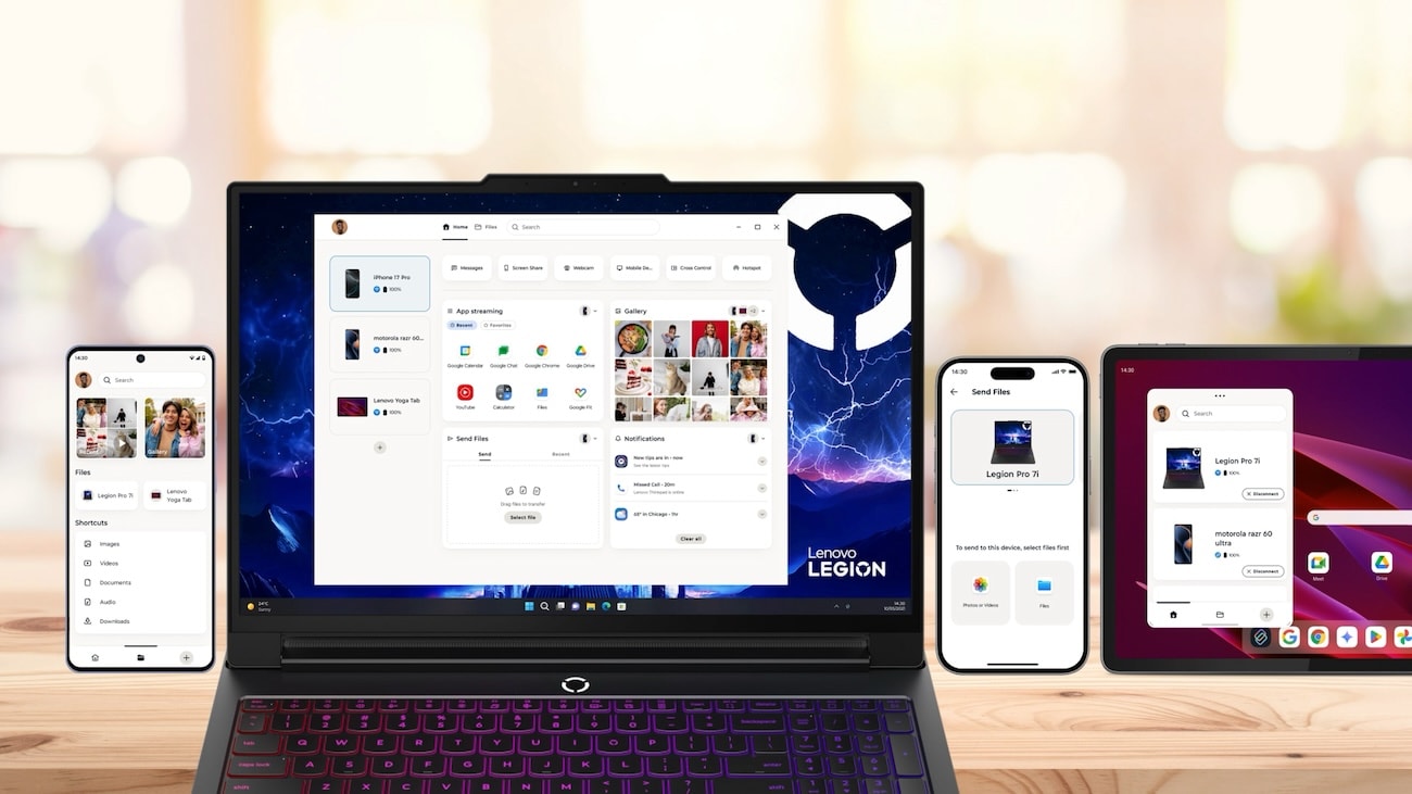Un panel de Smart Connect en un ordenador muestra un iPhone conectado junto a un teléfono Android y una tableta.