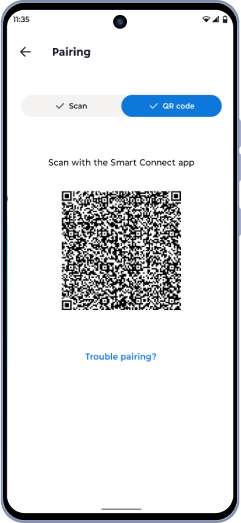 Un téléphone affiche l’interface du numériseur QR Smart Connect.
