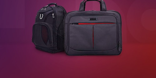 An Eco Style backpack and briefcase are featured on a background.