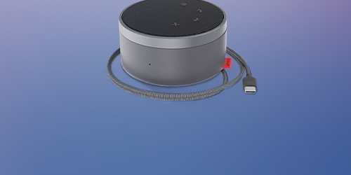 A Lenovo Go Wired Speakerphone is featured on a background.
