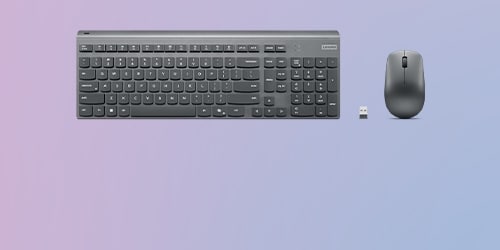 A Lenovo Select Wireless Modern Combo (Storm Grey) is featured on a background