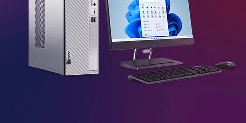 Lenovo Ideacentre Pc and Yoga Laptop placed one next to the other on a purple background 