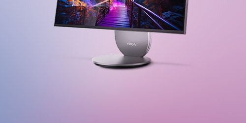 A Lenovo Yoga 27 inches, all in one PC, placed on a ligh background facing left.