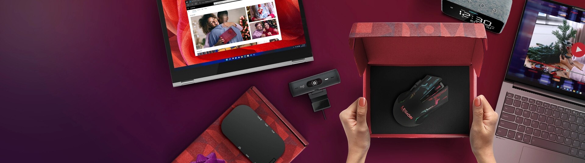 Laptop, speaker in gift box, tablet, gift