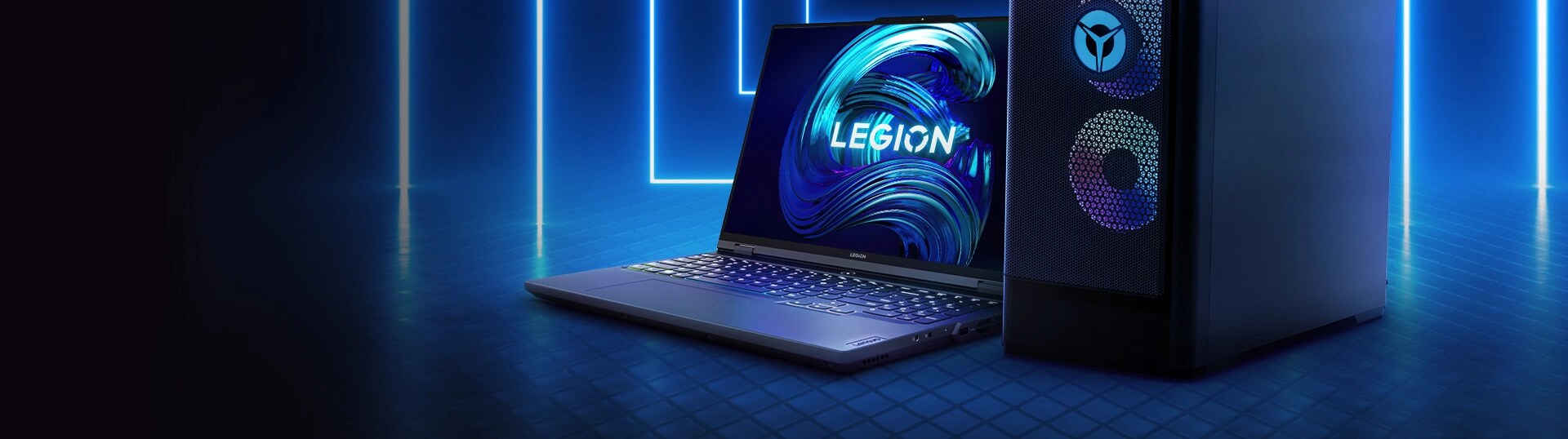Legion gaming desktop & laptop shown side by side.