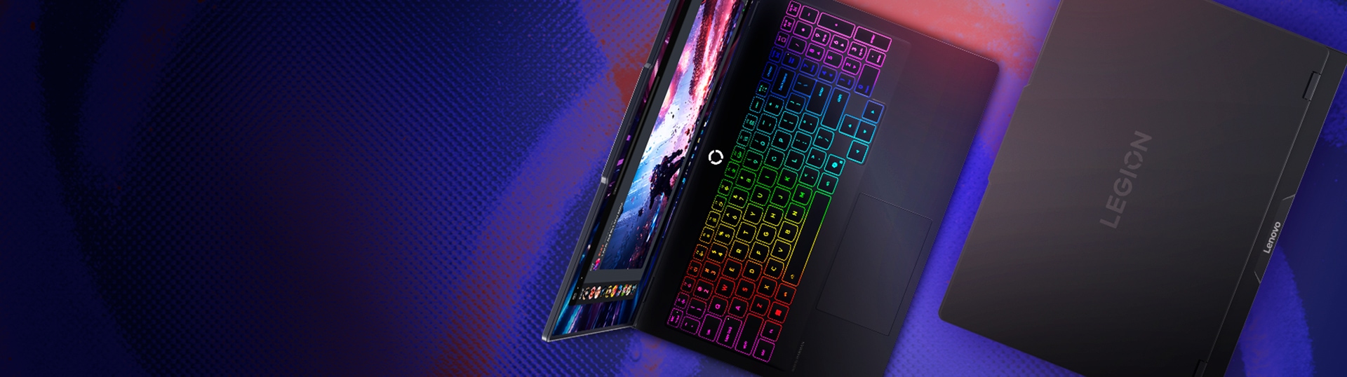 Legion Pro 7 Gen 10 laptop opened with a front view and closed with a back view on a gradient purple and blue background
