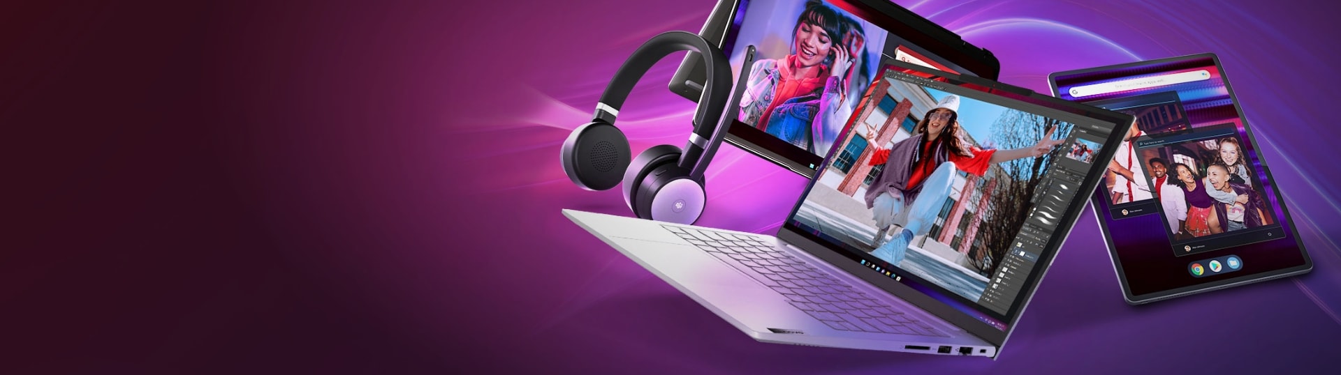 A purple gradient background with a IdeaPad laptop, Lenovo headphones, and Lenovo tablets displaying colorful photos and videos.
