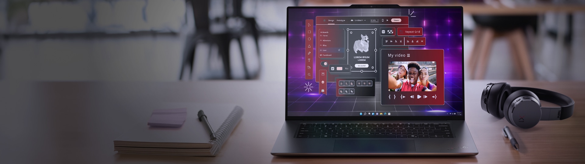 Laptop on a desk displaying creative software with video editing and design tools, accompanied by a notebook, pen, and wireless headphones — ideal setup for students or digital creators.