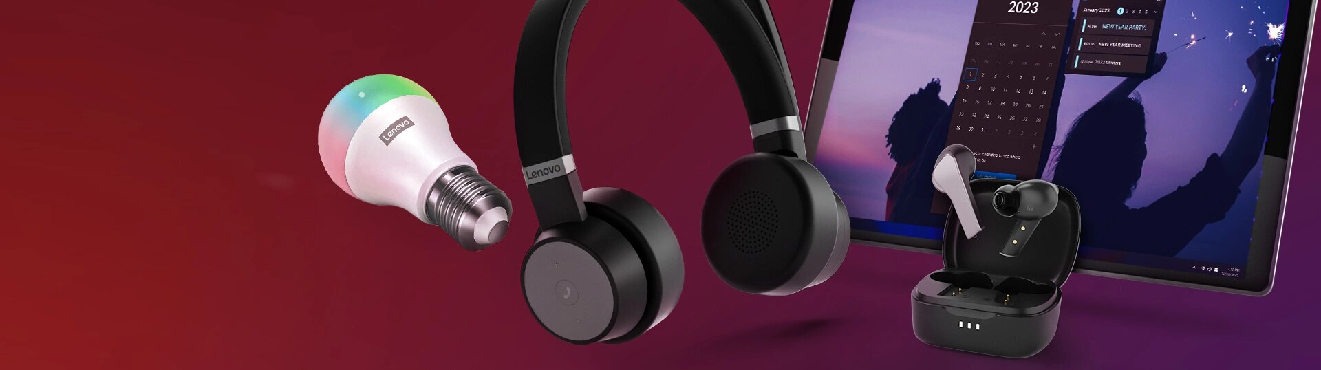 A set of Lenovo products: a Lenovo SmartBulb Gen 2, Lenovo Headset, Lenovo Wireless Earbuds, and a Lenovo Tablet. All in a purple background. 