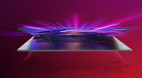 A partially opened Yoga Slim 7i Aura Edition hovers over a reflective surface with purple lines radiating from the display