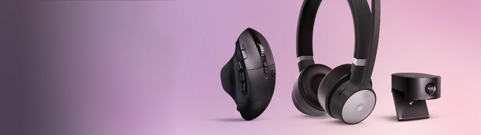 A Lenovo Go Wireless ANC Headset, a Logitech G604 LIGHTSPEED Wireless Gaming Mouse (with HERO 25K Sensor) and a Jabra PANACAST 20 are featured on a background.
