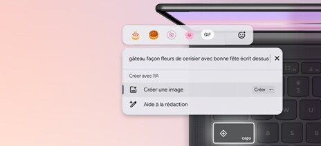 Clavier de portable Chromebook et outil créatif assisté par l’IA pour générer des images ou du texte.