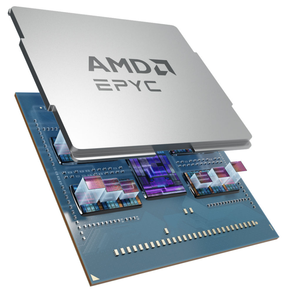Close-up rendering of an AMD EPYC processor with its metal heat spreader lifted to reveal the underlying chip architecture and circuitry.