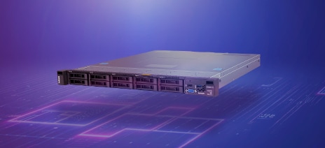 Front view of a Lenovo rack-mounted ThinkSystem server on a futuristic purple digital background.