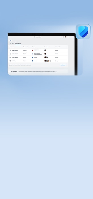 Device screen displaying the Microsoft 365 device protection dashboard, showing status and security alerts for multiple devices, with the Microsoft Defender icon featured on a blue background.