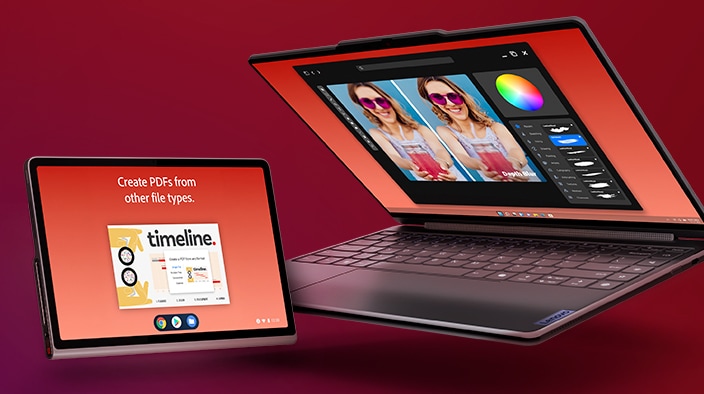 Two tablets with detachable keyboards are shown; one displays a PDF creation screen, and the other shows photo editing software with a color wheel and image adjustments.
