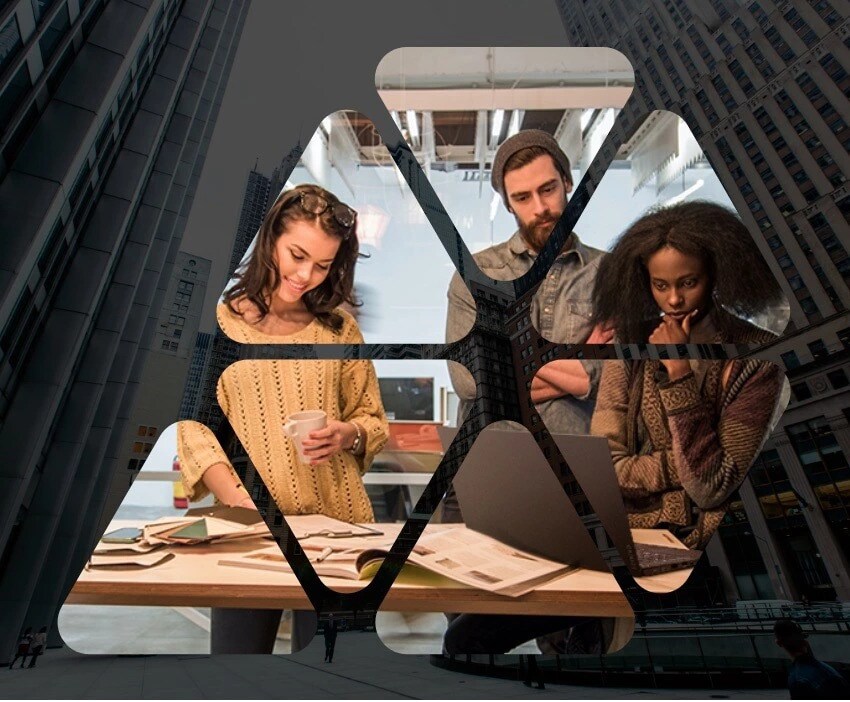 A city background and in the bottom left corner inside opposed triangle shapes 3 people looking into a computer and files on a desk