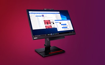 A Lenovo ThinkCentre All-in-One PC placed on a purple background.