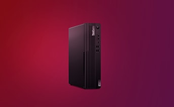 A Lenovo ThinkCentre Small  Form Factor PC placed on a purple background.