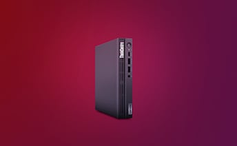 A Lenovo ThinkCentre Tiny PC placed on a purple background. 